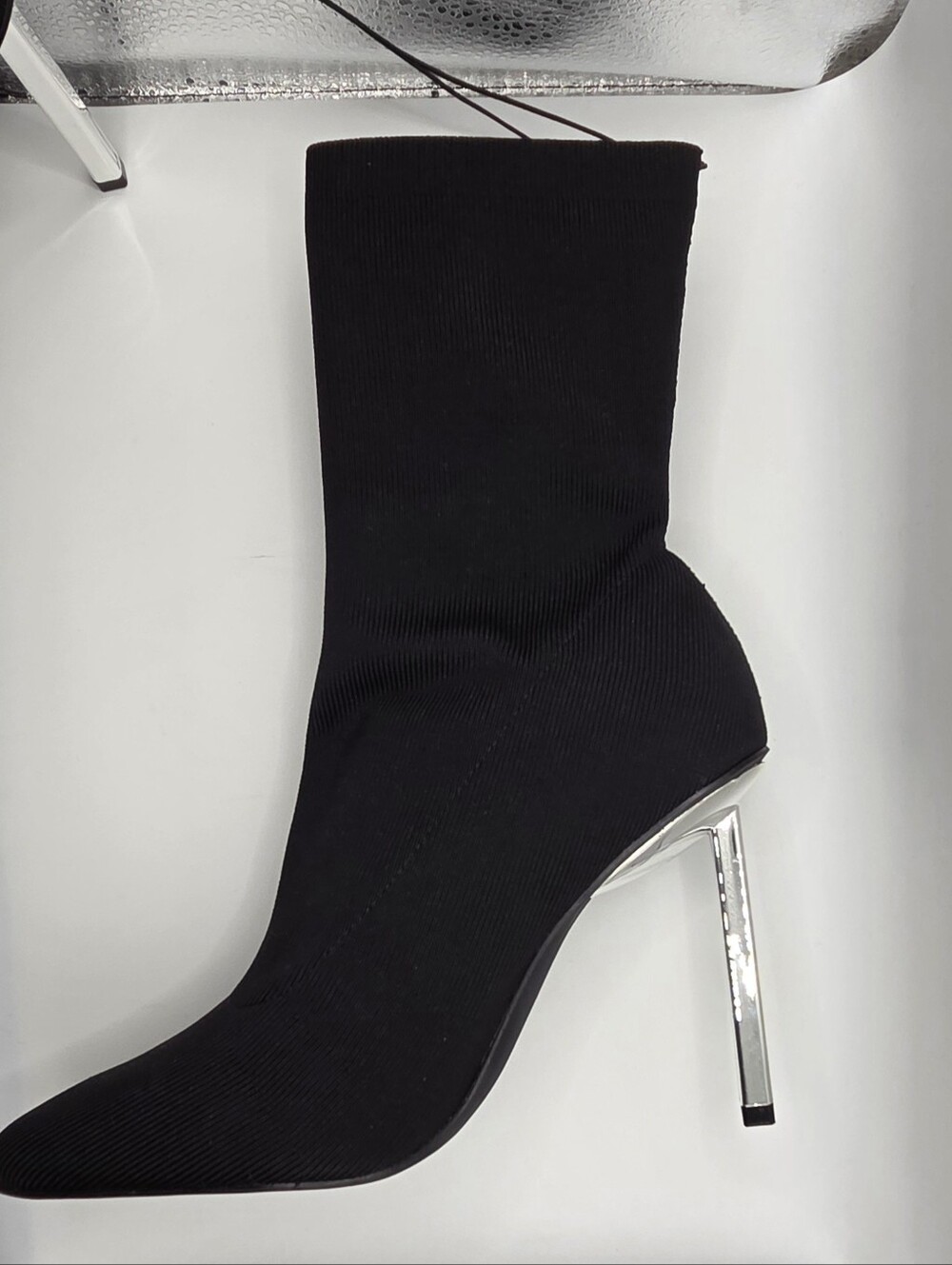 Black Knit Stiletto Sock Boot - Women's Size 10 Metalic Silver Heel